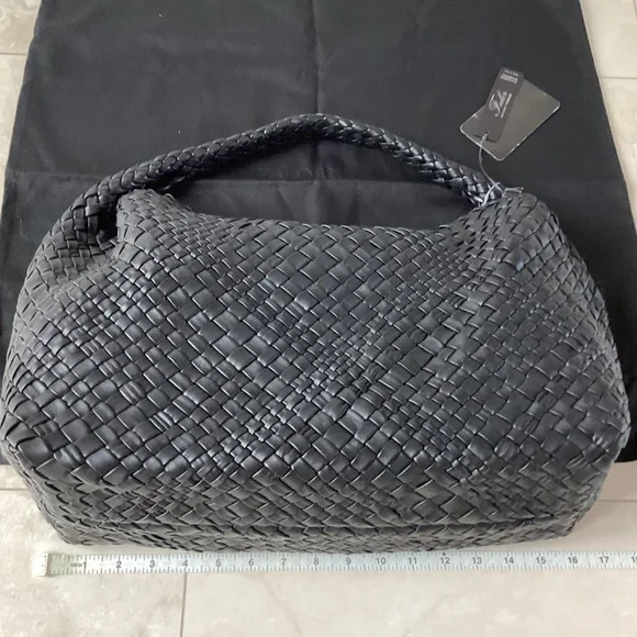Falor Italy Handmade Black Woven Leather Large Shoulder Hobo Bag Magnetic Close - Picture 13 of 16